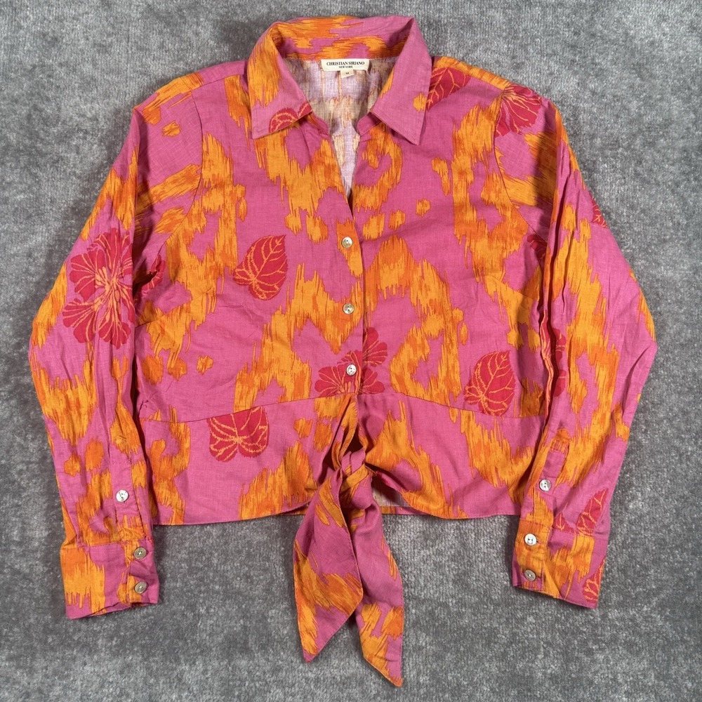Christian Siriano Top Women's Medium Pink Hibiscus Linen Blend Vacation Resort